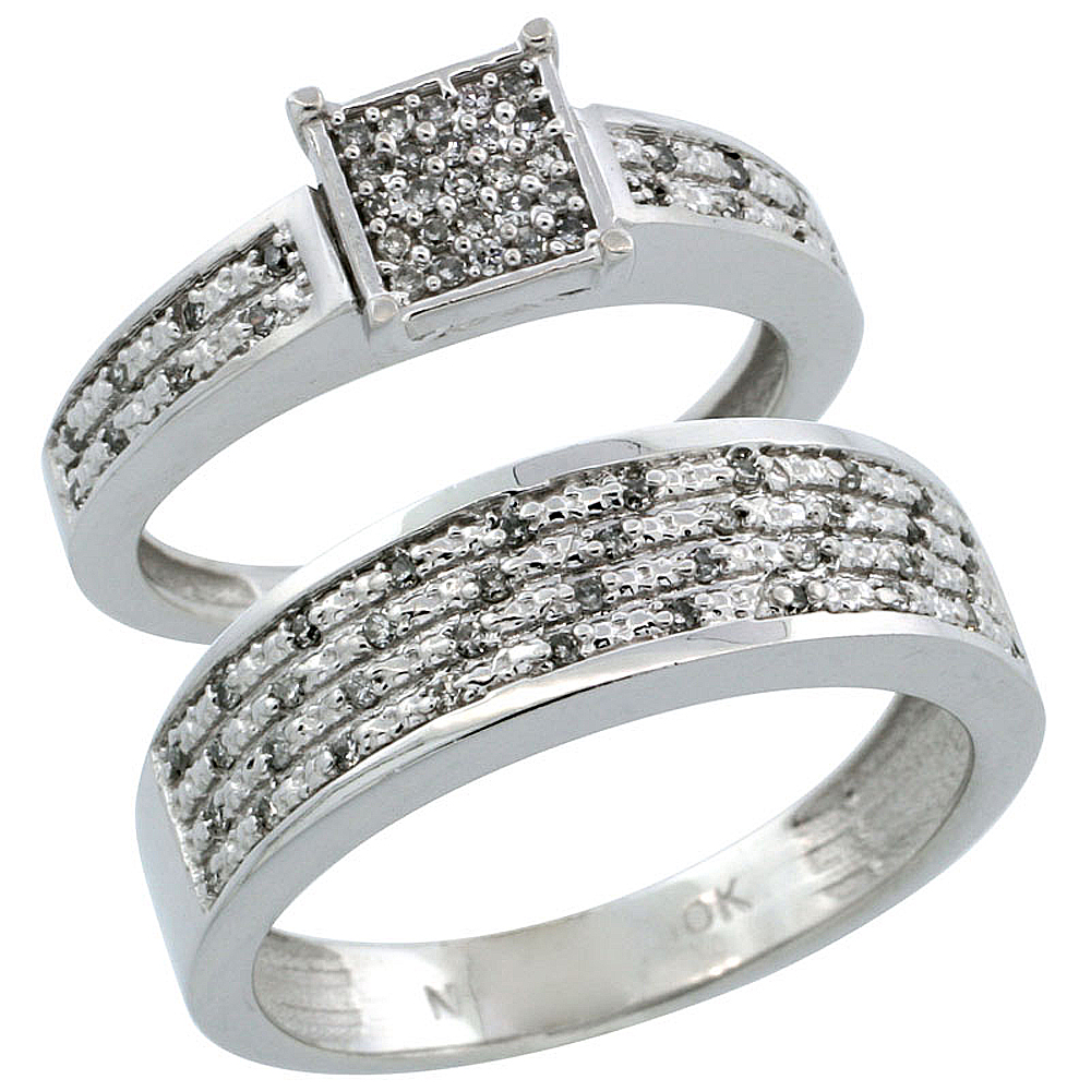 10k White Gold 2Piece Diamond Ring Band Set w Rhodium Accent Engagement