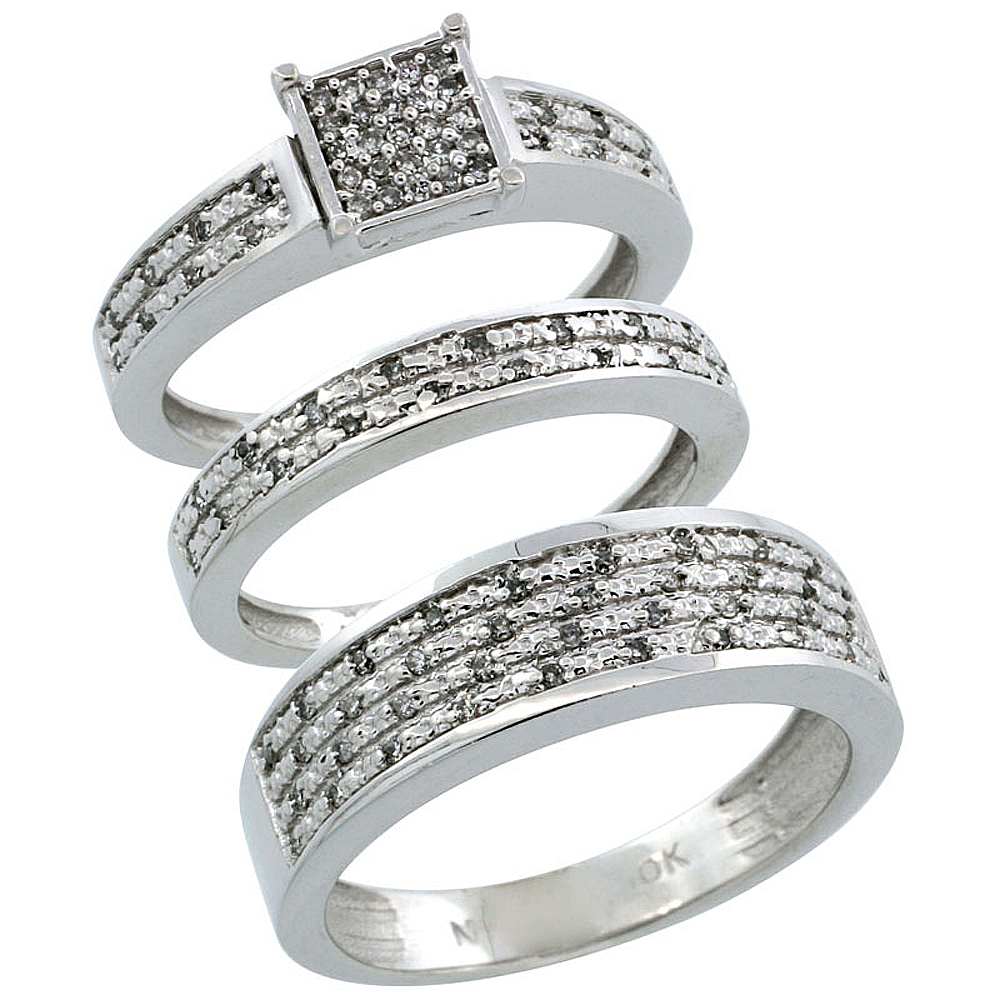 10k White Gold 3Piece Trio His 65mm Hers 35mm Diamond Wedding Ring 