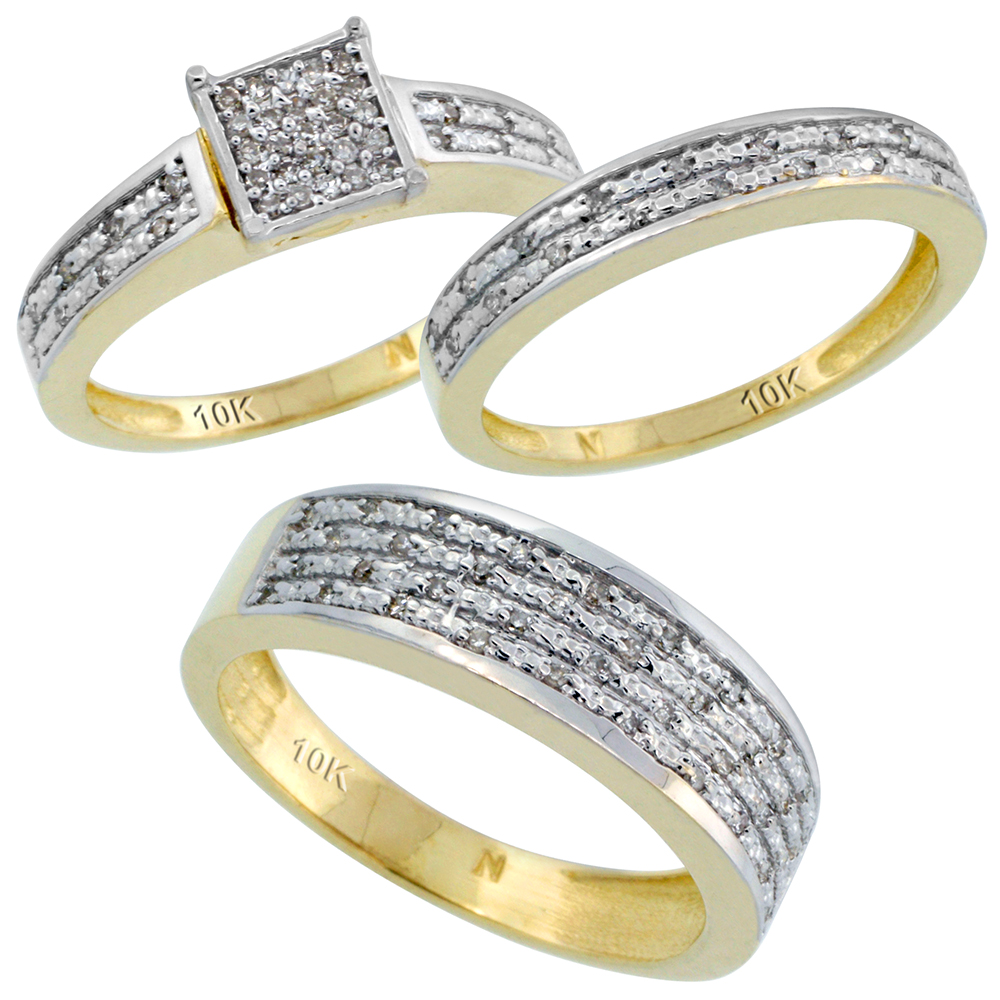 10k Gold 3Piece Trio His 65mm Hers 35mm Diamond Wedding Ring Band 