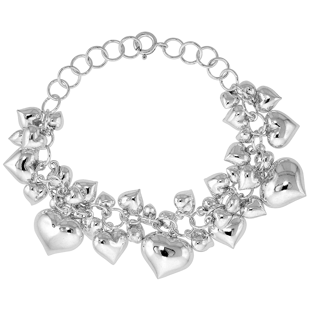 Sterling Silver Hearts Cluster Bracelet 9/16 inch wide, 7 - 8 inch long