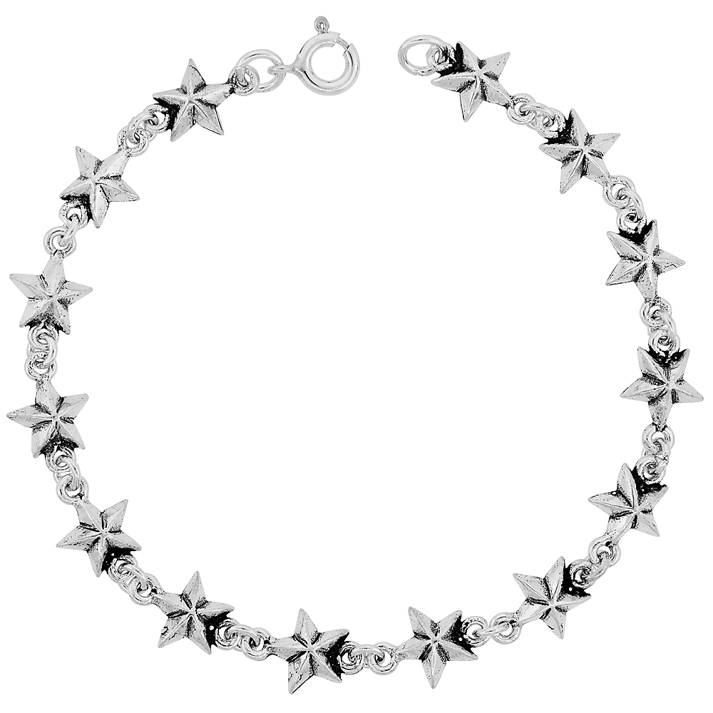 Dainty Sterling Silver Stars Bracelet for Women and Girls, 3/8 wide 7.5 inch long
