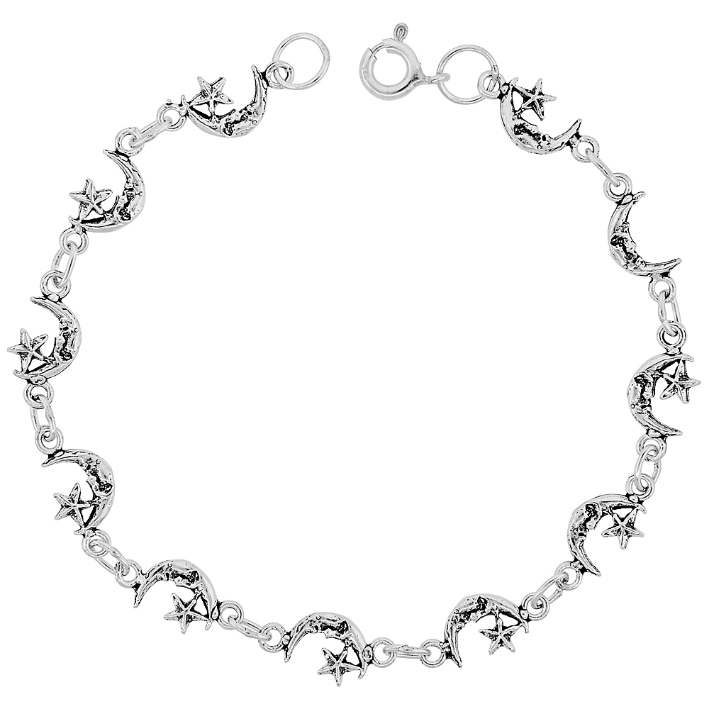 Dainty Sterling Silver Moon & Star Bracelet for Women and Girls, 1/4 wide 7.5 inch long