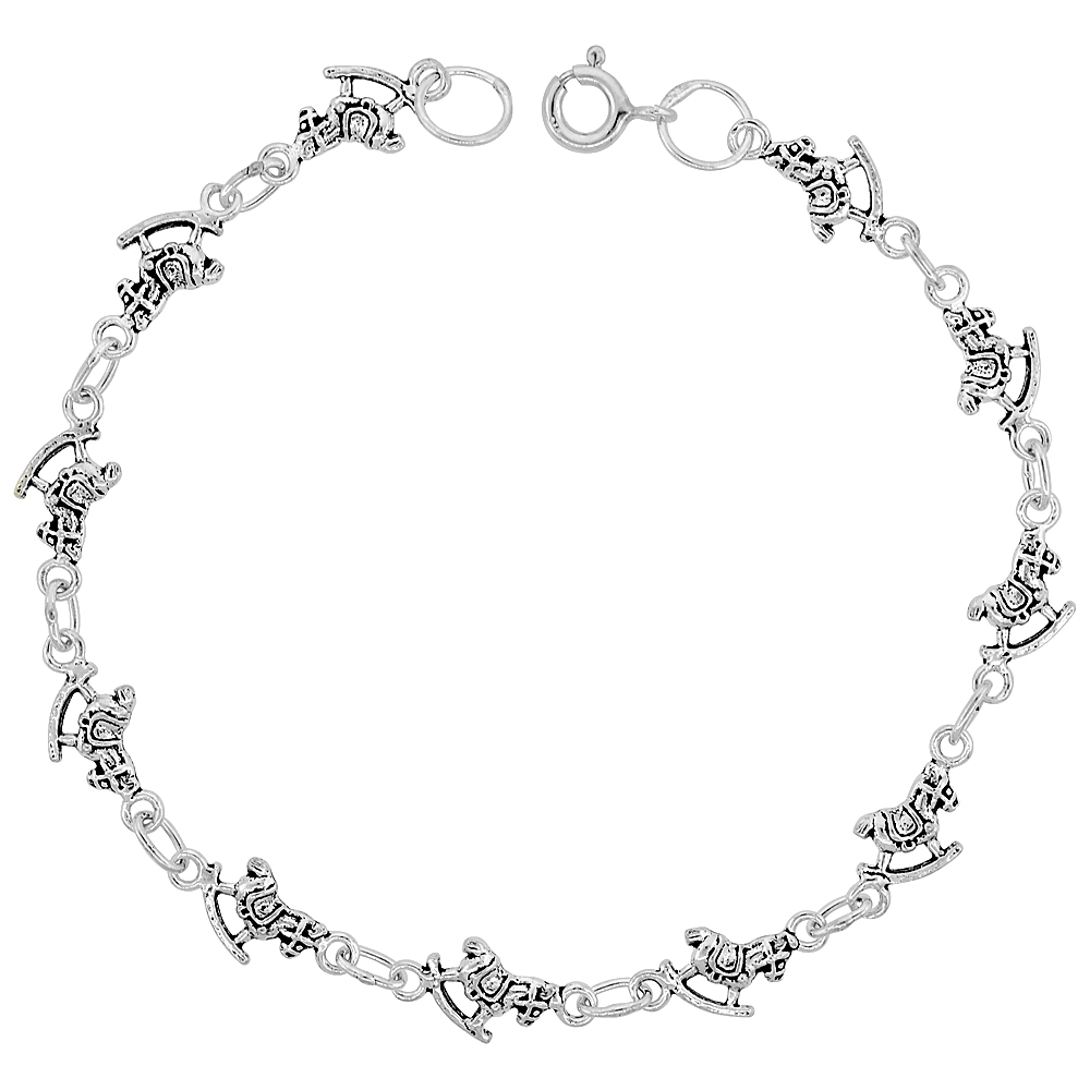 Dainty Sterling Silver Rocking Horse Bracelet for Women and Girls, 1/4 wide 7.5 inch long
