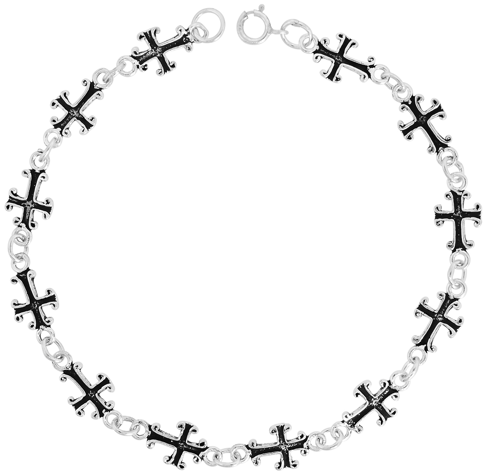 Dainty Sterling Silver Cross Bracelet for Women and Girls, 5/16 wide 7.5 inch long
