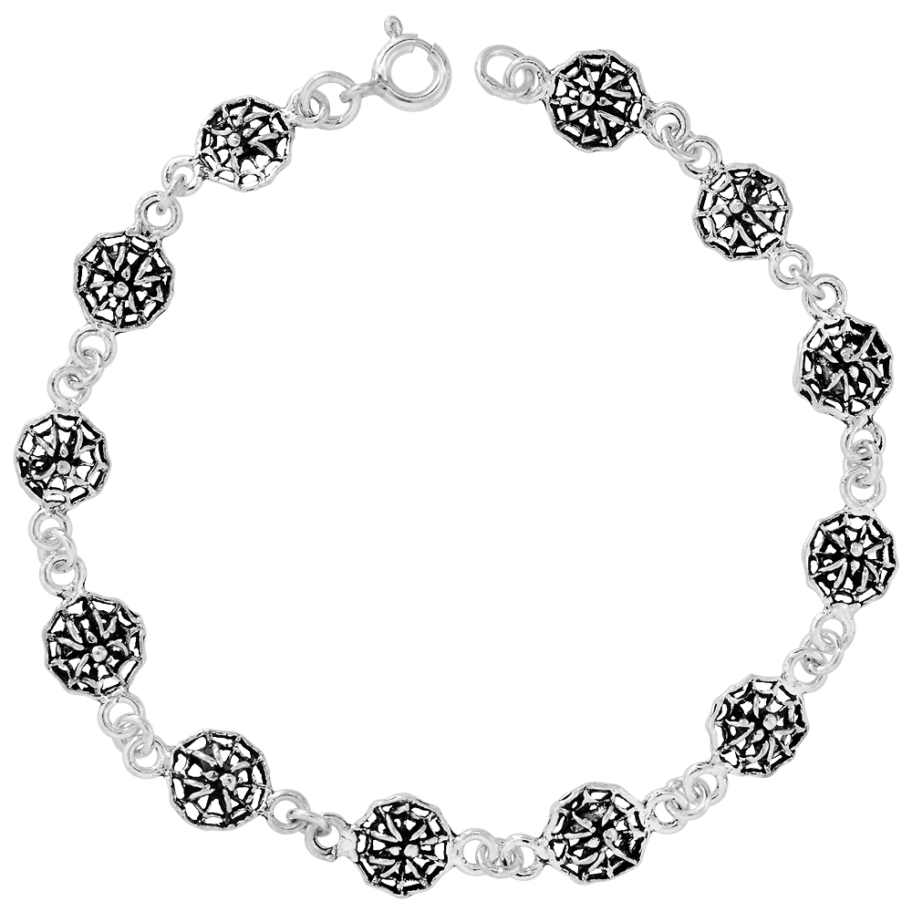 Dainty Sterling Silver Spider and Web Bracelet for Women and Girls, 3/8 wide 7.5 inch long