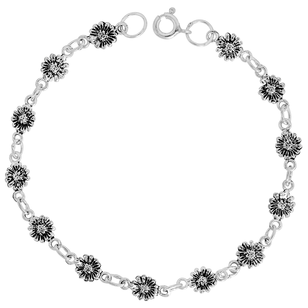 Dainty Sterling Silver Sunflower Bracelet for Women and Girls, 1/4 wide 7.5 inch long
