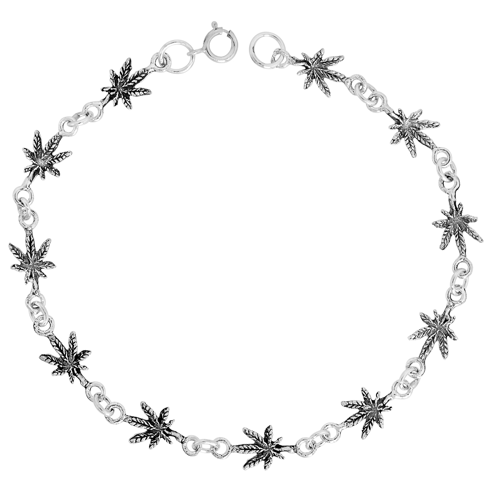 Dainty Sterling Silver Pot Leaf Bracelet for Women and Girls, 1/4 wide 7.5 inch long
