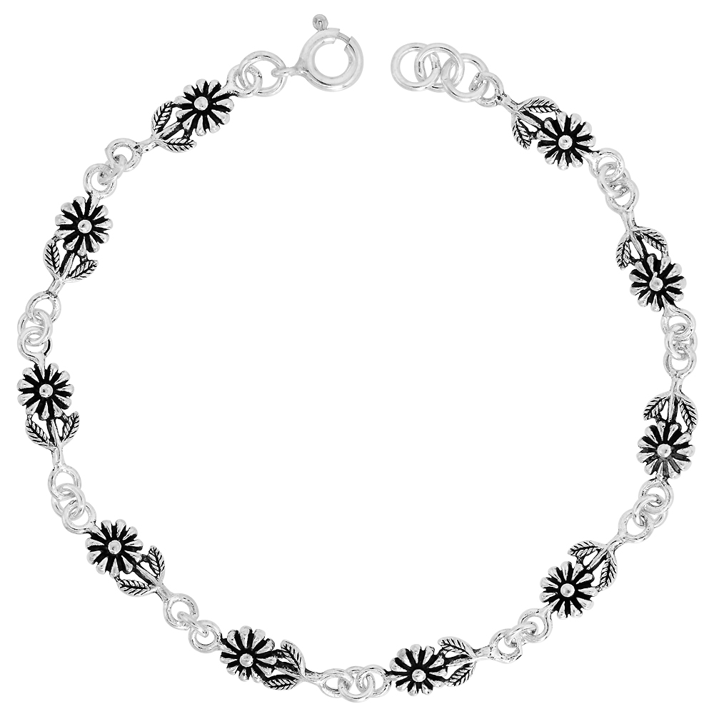 Dainty Sterling Silver Flower Bracelet for Women and Girls, 1/4 wide 7.5 inch long