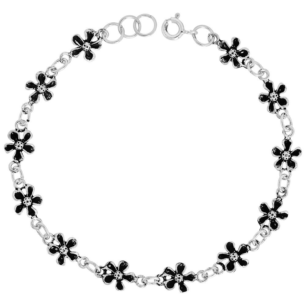 Dainty Sterling Silver Flower Bracelet for Women and Girls, 3/8 wide 7.5 inch long
