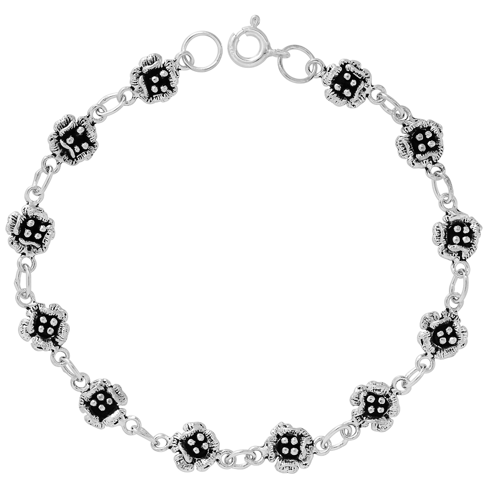 Dainty Sterling Silver Flower Bracelet for Women and Girls, 1/4 wide 7.5 inch long
