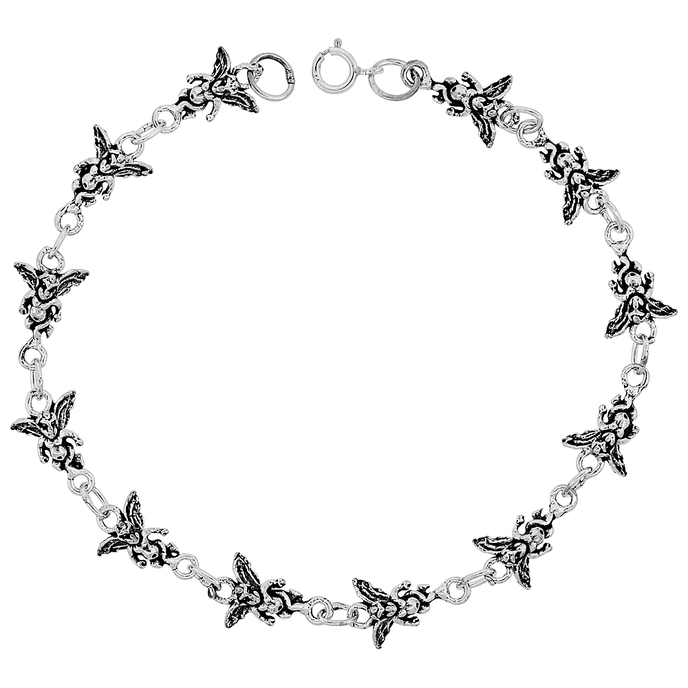 Dainty Sterling Silver Guardian Angel Bracelet for Women and Girls, 3/8 wide 7.5 inch long