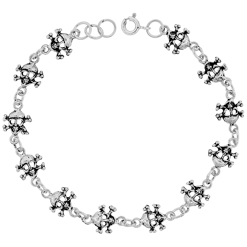 Dainty Sterling Silver Skull Bracelet for Women and Girls, 3/8 wide 7.5 inch long