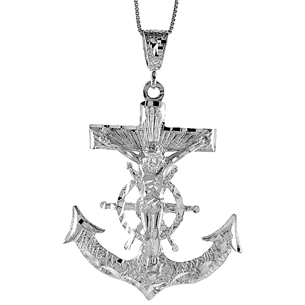 Sterling Silver Large Mariners Anchor Cross Pendant, 2 3/8 inch