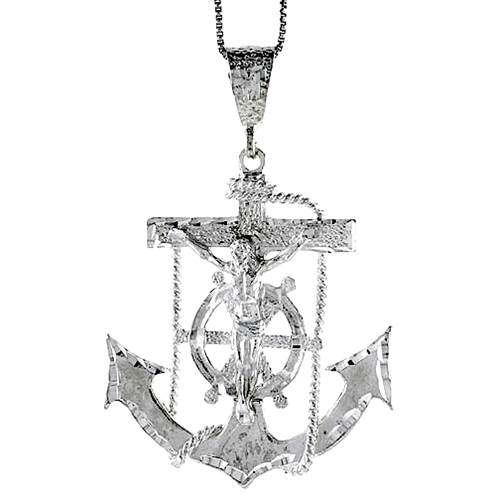 Sterling Silver Large Mariners Anchor Cross Pendant, 2 1/16 inch