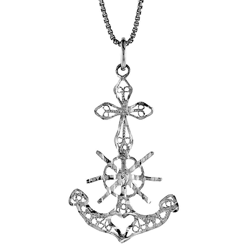 Sterling Silver Mariners Anchor Cross Pendant Filigree, 1 1/4 inch