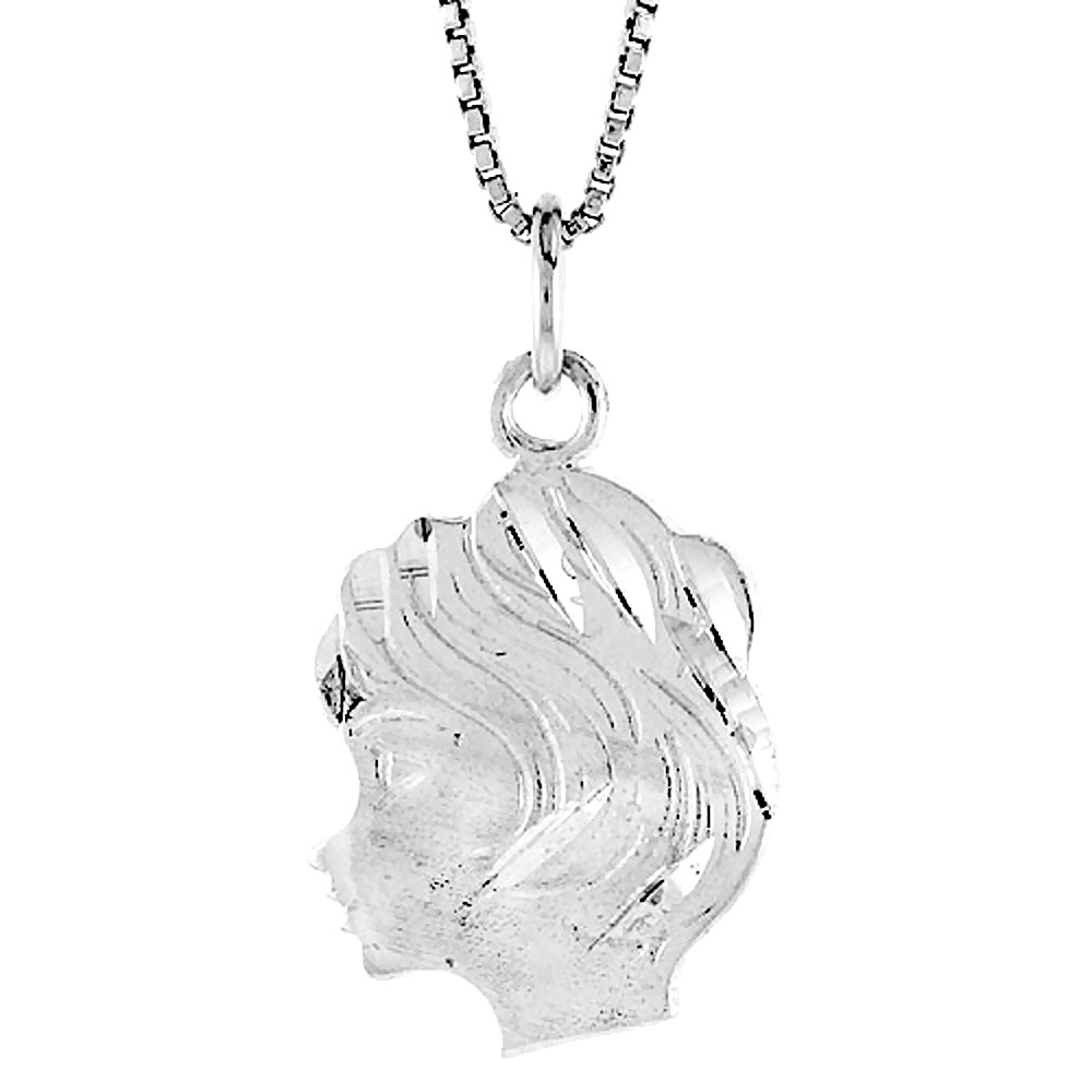 Sterling Silver Girl\'s Head Pendant, 7/8 inch Tall