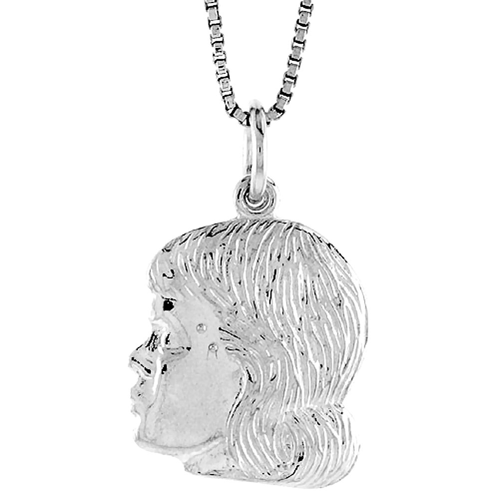 Sterling Silver Girl\'s Head Pendant, 3/4 inch Tall