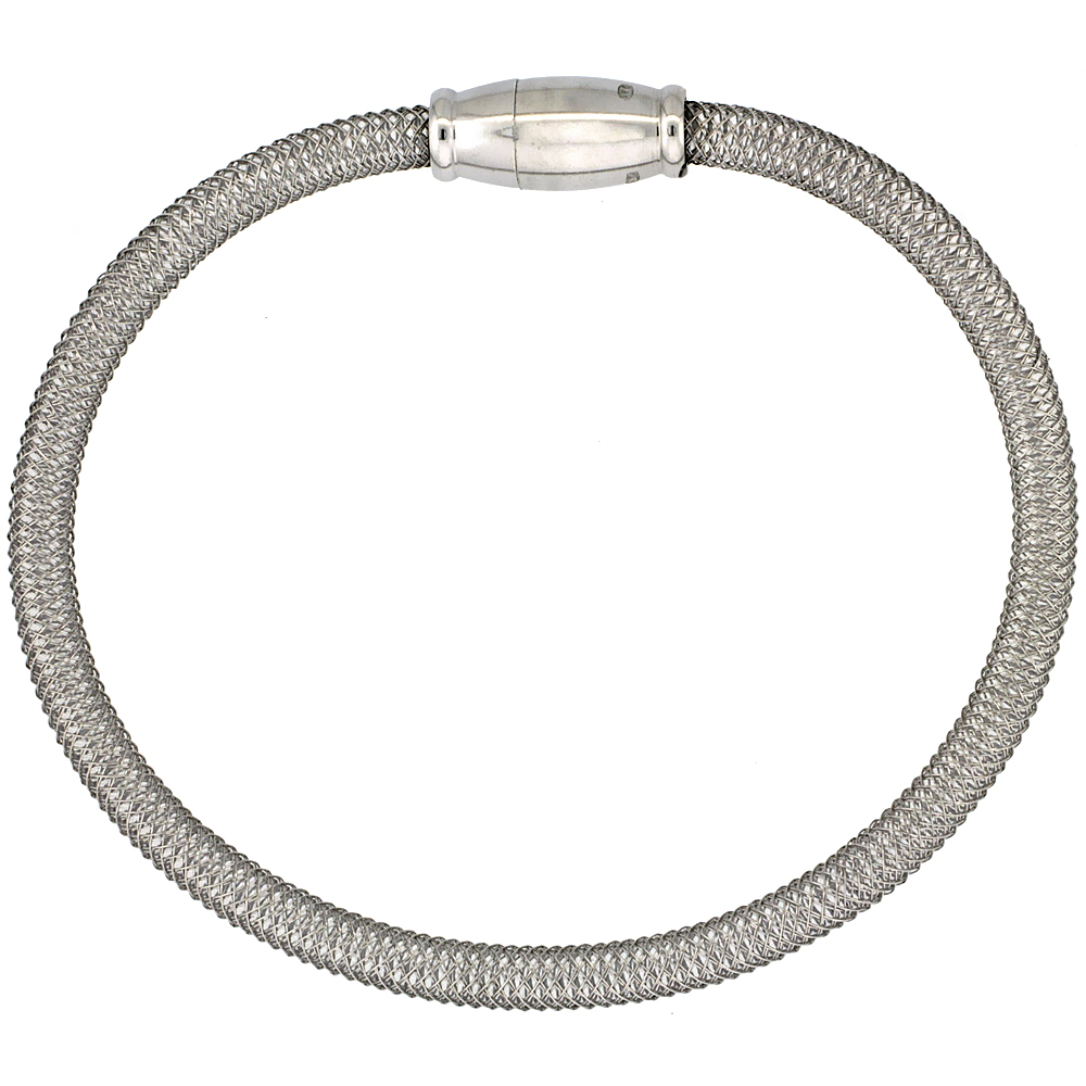 Sterling Silver Flexible Mesh Bangle Bracelet Magnetic Clasp Rhodium Finish, 5/32 inch wide