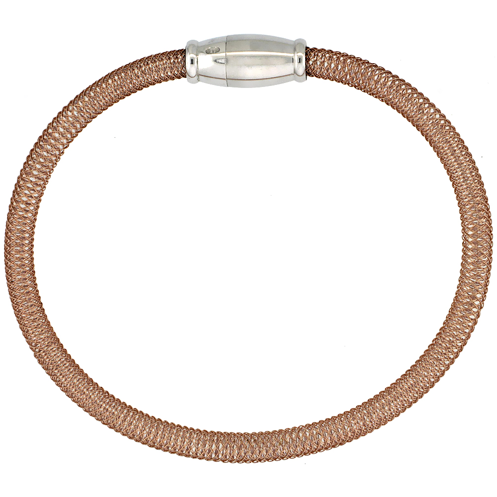 Sterling Silver Flexible Mesh Bangle Bracelet Magnetic Clasp Rose Gold Finish, 5/32 inch wide