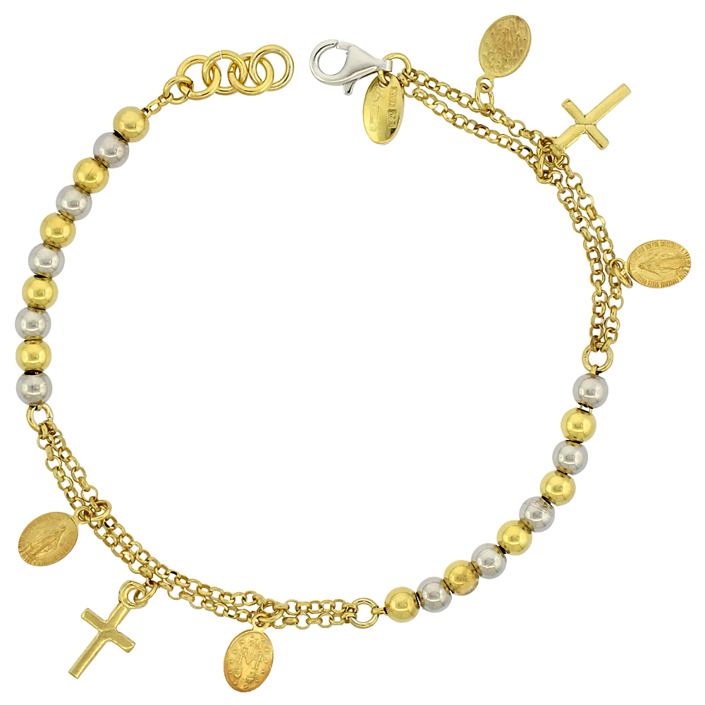 Sterling Silver Rosary Bracelet Miraculous Medal 4 mm Beads two-tone Gold finish Italy, 7 inch