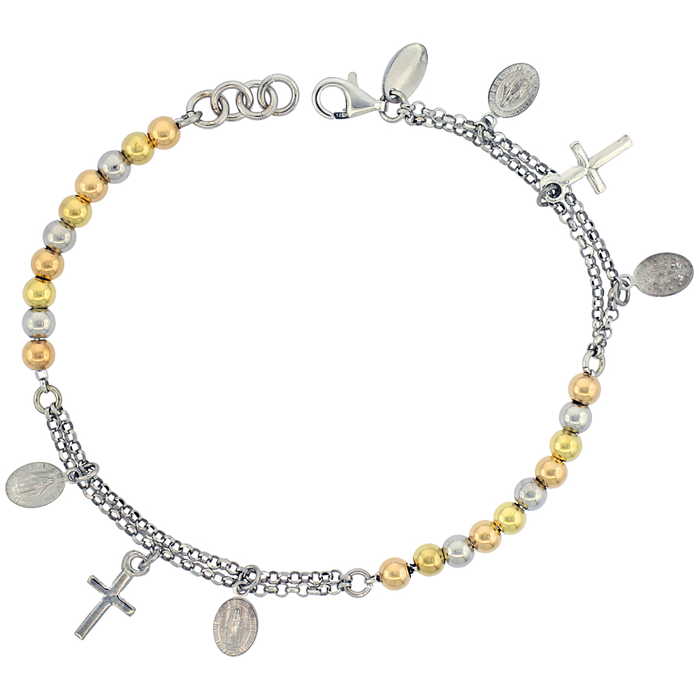Sterling Silver Rosary Bracelet Miraculous Medal 4 mm Beads 3-tone Rhodium finish Italy, 7 inch
