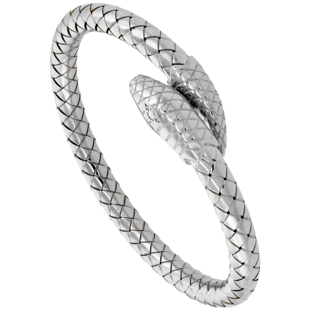 Sterling Silver Italian Flexible Snake Weave Cuff Bangle Rhodium Finish, fits 7 inch wrists