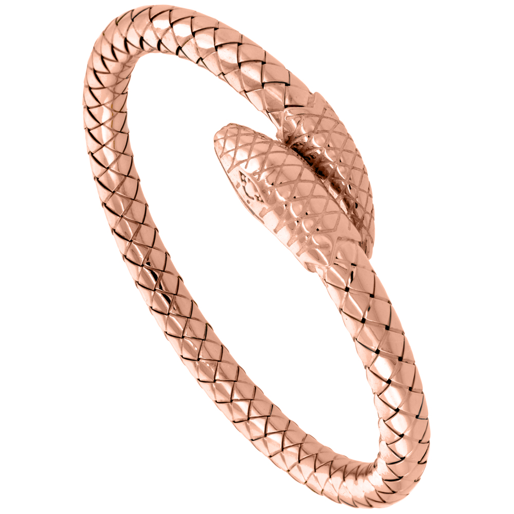 Sterling Silver Italian Flexible Snake Weave Cuff Bangle Rose Gold Finish, fits 7 inch wrists