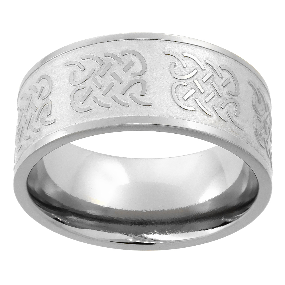 10 mm (3/8") Titanium Flat Comfort Fit Band with Polished Celtic Knot work on Frosted Background