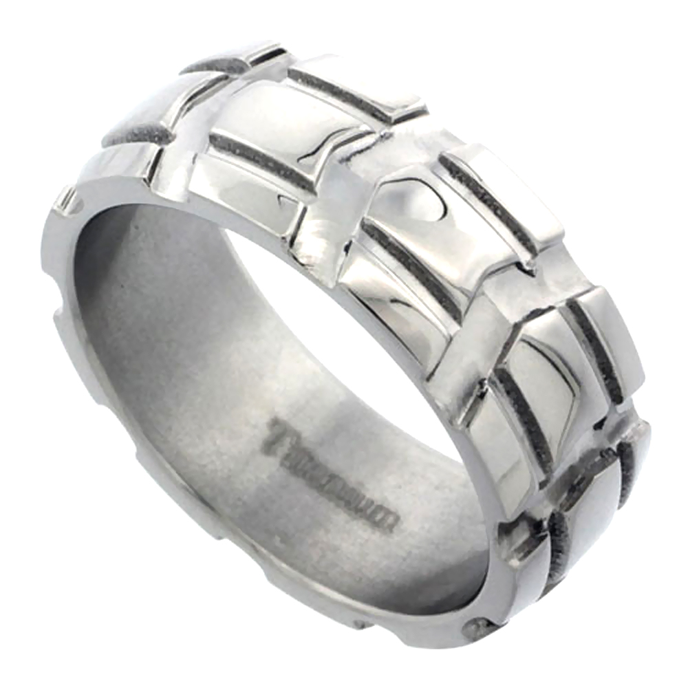 Comfort Fit Dome Wedding Band Ring Carved Truck Tire Pattern Polished 