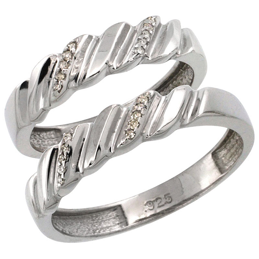 Sterling Silver 2Pc His 5mm Hers 5mm Diamond Wedding Ring Band Set w 