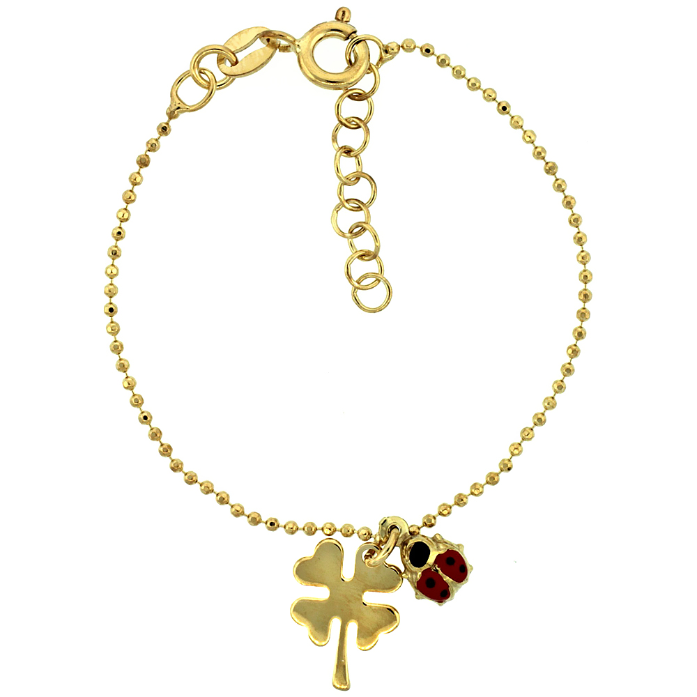 Sterling Silver Pallini Ball Bead Link Baby Bracelet in Yellow Gold Finish w/ Shamrock Clover Flower & Lady Bug Charms (5-6 inch)
