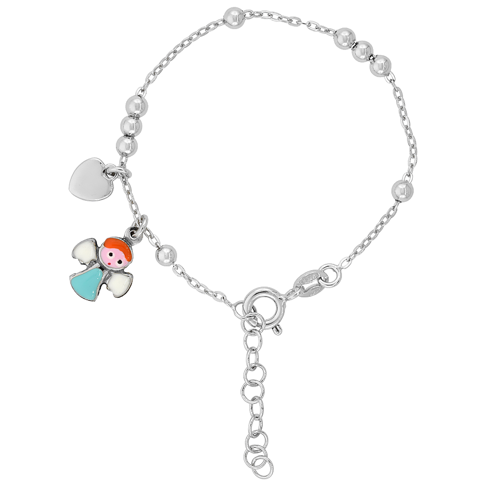 Sterling Silver Beaded Cable Link Baby Bracelet in White Gold Finish w/ Heart & Angel Charms (5-6 inch)