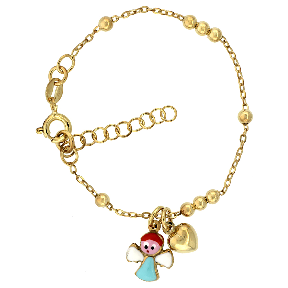 Sterling Silver Beaded Cable Link Baby Bracelet in Yellow Gold Finish w/ Heart & Angel Charms (5-6 inch)