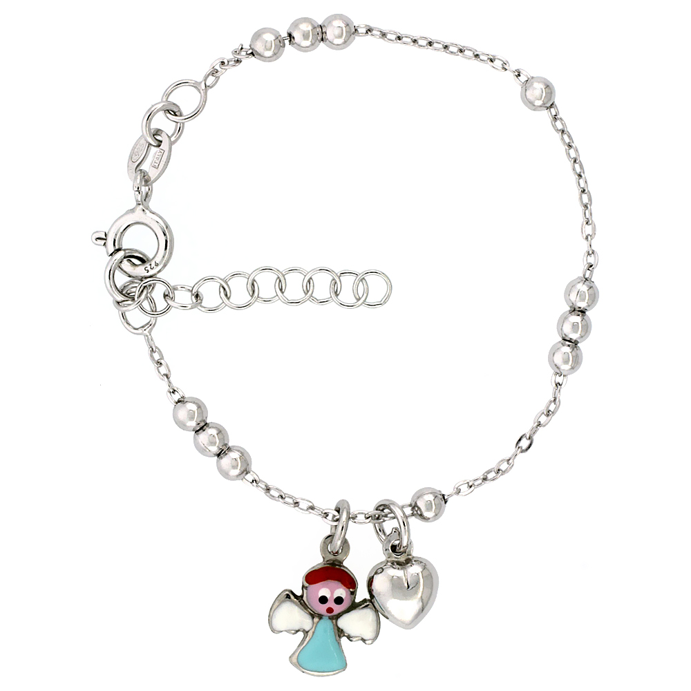 Sterling Silver Beaded Cable Link Baby Bracelet in White Gold Finish w/ Heart & Angel Charms (5-6 inch)