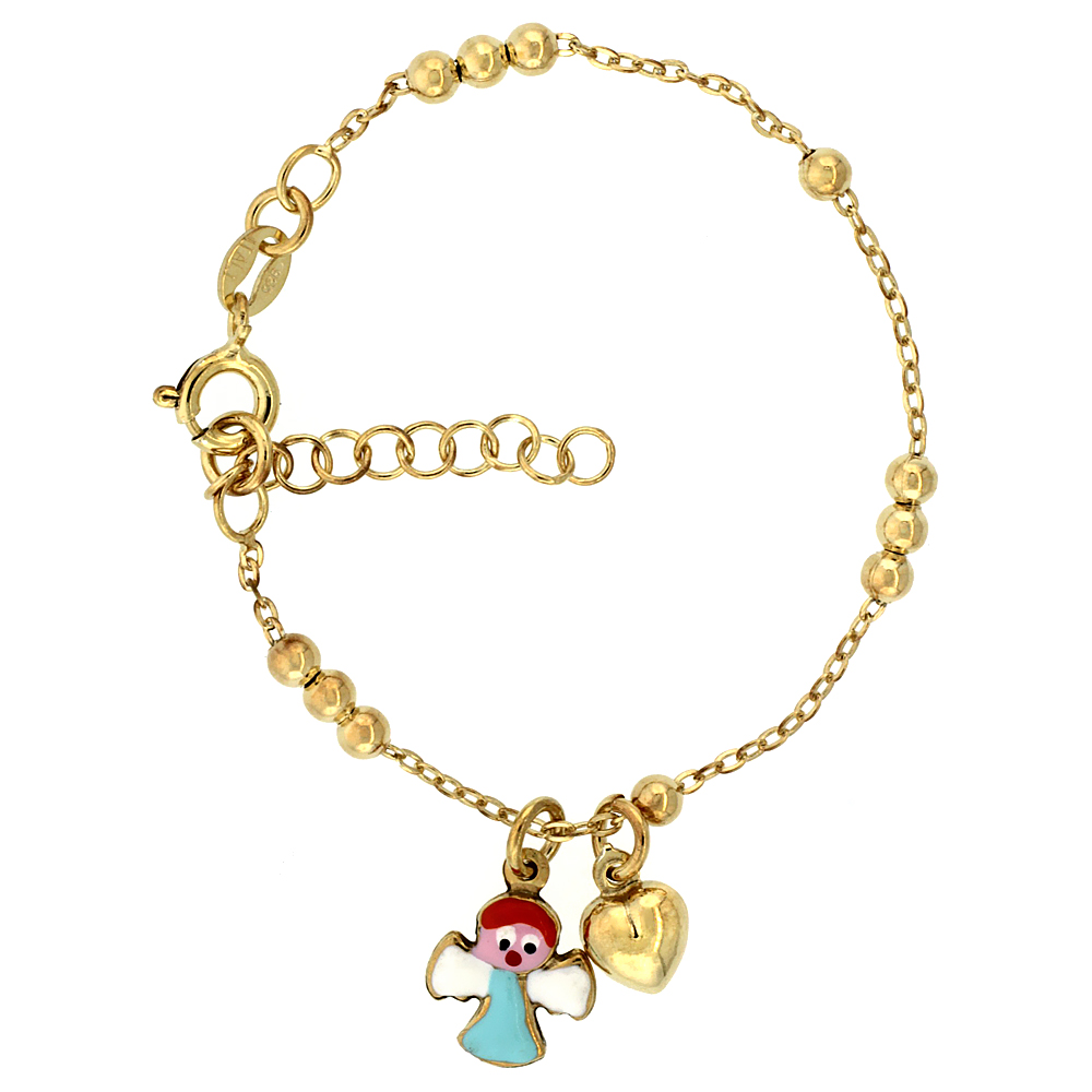 Sterling Silver Beaded Cable Link Baby Bracelet in Yellow Gold Finish w/ Heart & Angel Charms (5-6 inch)