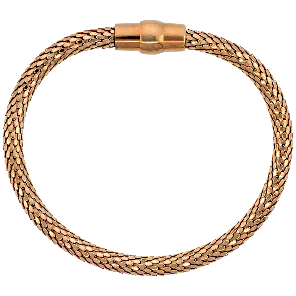 Sterling Silver Flexible Bangle Bracelet Magnetic Clasp Rose Gold Finish, 3/16 inch wide
