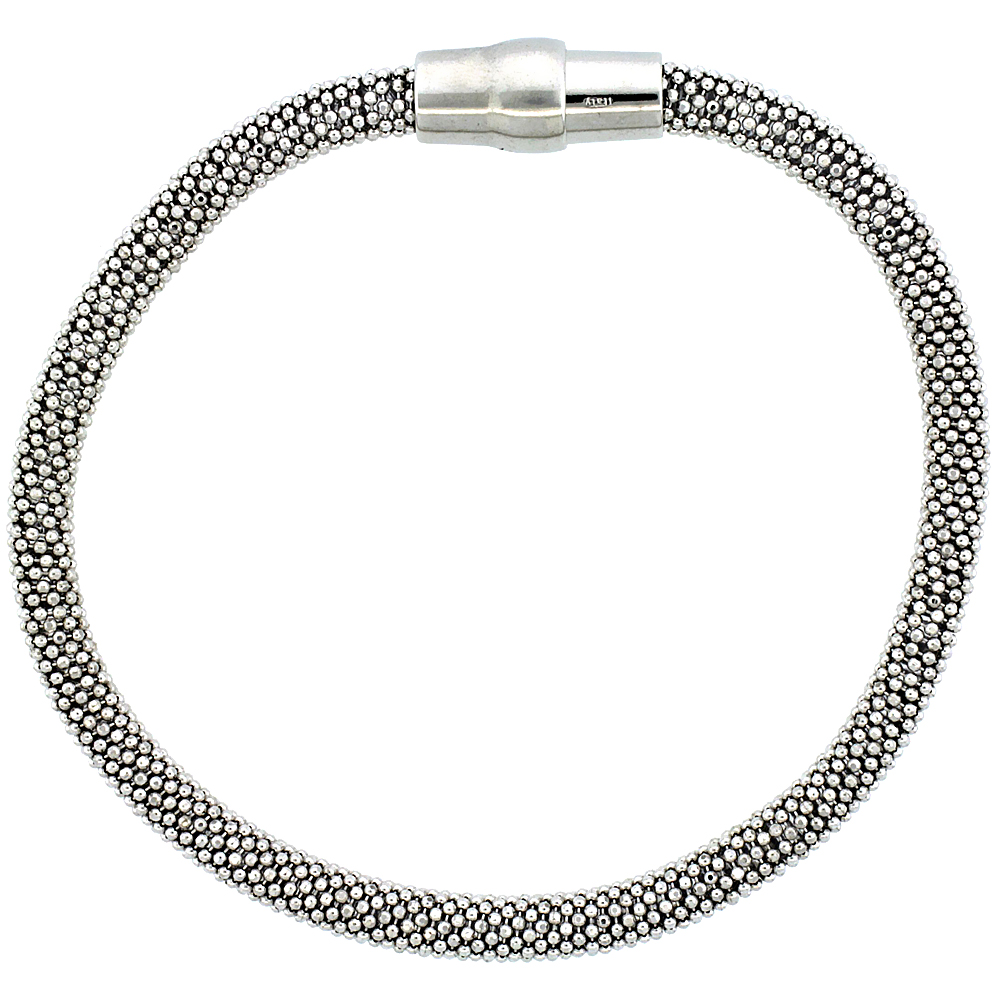 Sterling Silver Flexible Beaded Bangle Bracelet Magnetic Clasp Rhodium Finish, 3/16 inch wide