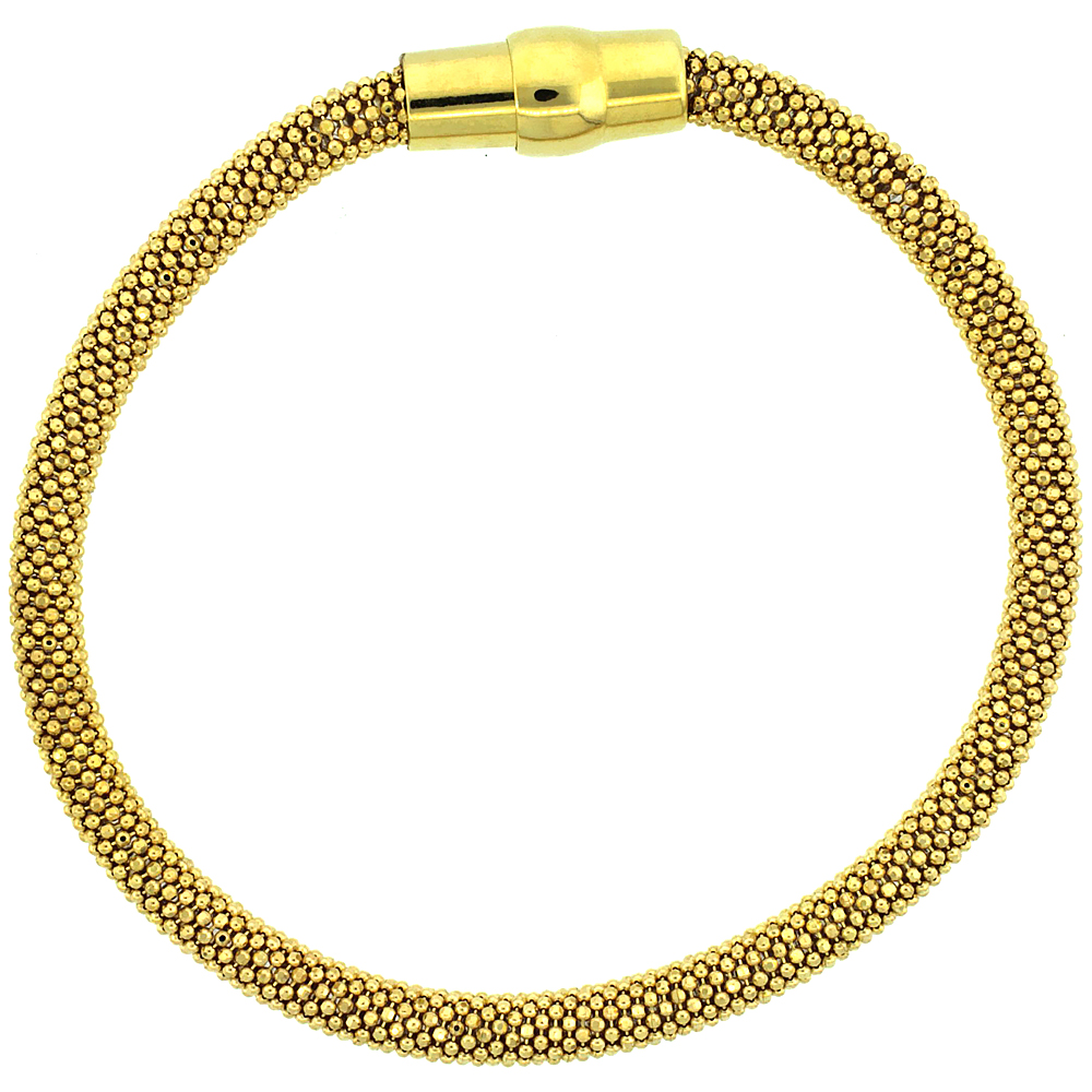 Sterling Silver Flexible Beaded Bangle Bracelet Magnetic Clasp Yellow Gold Finish, 3/16 inch wide