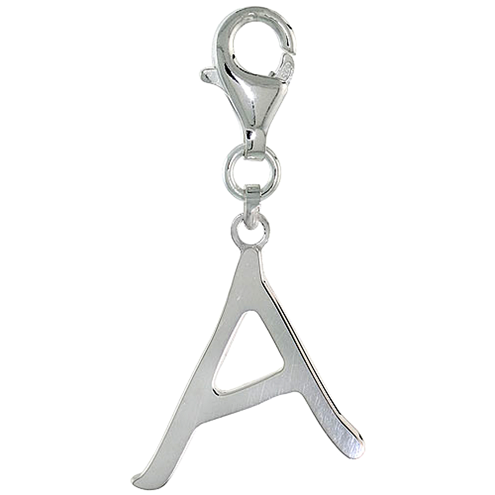 Sterling Silver Block Initial Charm A Alphabet Pendant Lobster Claw Clasp High Polished, 7/8 inch