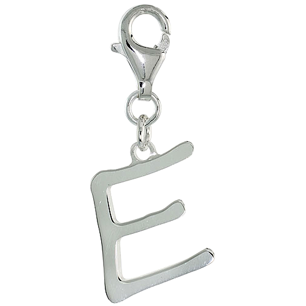 Sterling Silver Block Initial Charm E Alphabet Pendant Lobster Claw Clasp High Polished, 7/8 inch