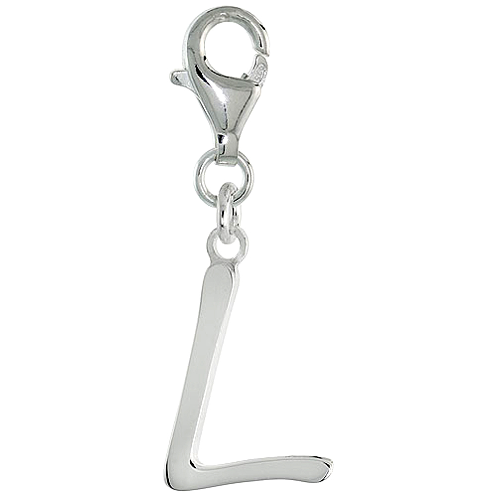 Sterling Silver Block Initial Charm L Alphabet Pendant Lobster Claw Clasp High Polished, 7/8 inch