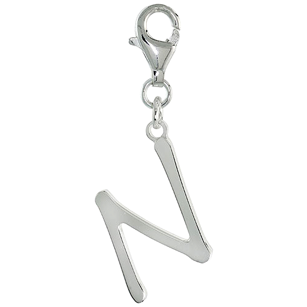 Sterling Silver Block Initial Charm N Alphabet Pendant Lobster Claw Clasp High Polished, 7/8 inch