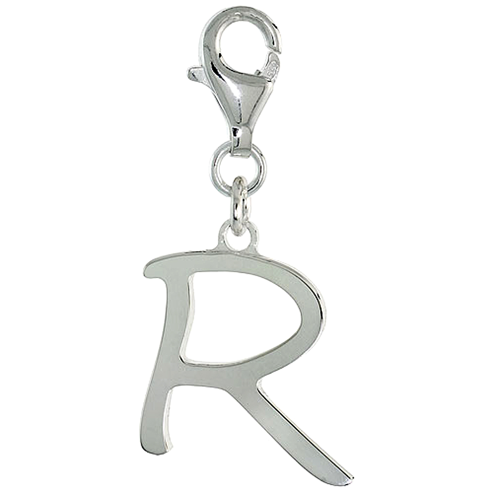 Sterling Silver Block Initial Charm R Alphabet Pendant Lobster Claw Clasp High Polished, 7/8 inch