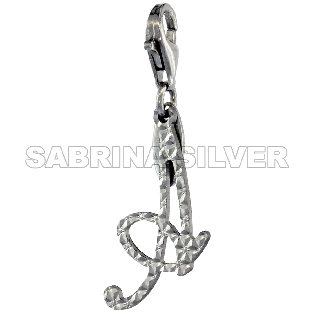 Sterling Silver Script Initial Charm A Alphabet Pendant Diamond Cut Lobster Claw Clasp, 3/4 inch