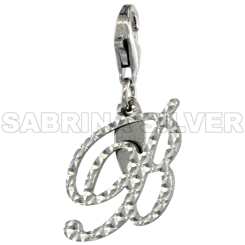 Sterling Silver Script Initial Charm B Alphabet Pendant Diamond Cut Lobster Claw Clasp, 3/4 inch