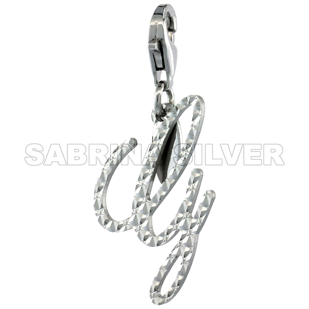 Sterling Silver Script Initial Charm G Alphabet Pendant Diamond Cut Lobster Claw Clasp, 3/4 inch