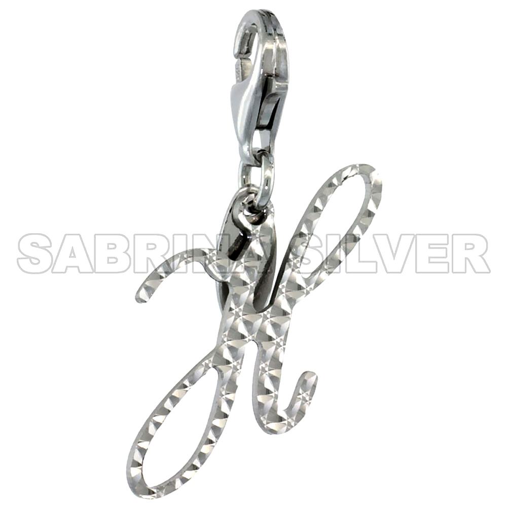 Sterling Silver Script Initial Charm H Alphabet Pendant Diamond Cut Lobster Claw Clasp, 3/4 inch
