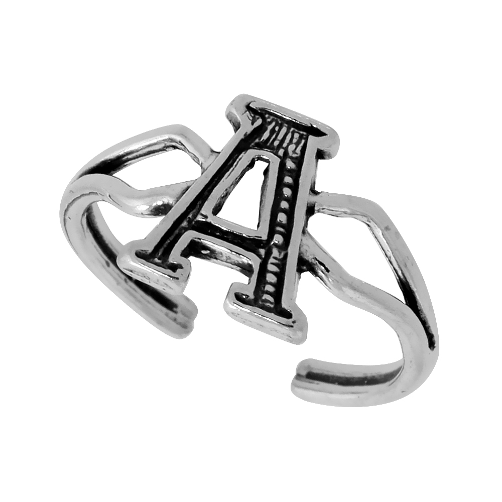 Sterling Silver Initial Letter A Alphabet Toe Ring / Baby Ring, Adjustable sizes 2.5 to 5, 3/8 inch wide