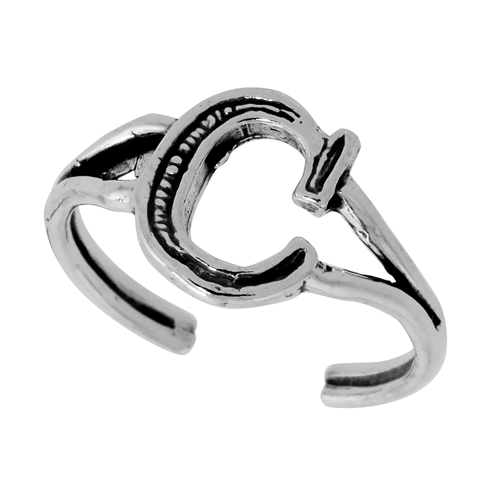 Sterling Silver Initial Letter C Alphabet Toe Ring / Baby Ring, Adjustable sizes 2.5 to 5, 3/8 inch wide