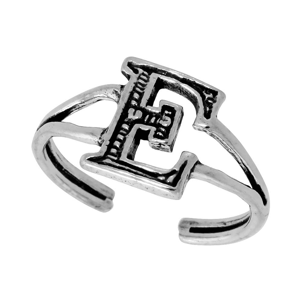 Sterling Silver Initial Letter E Alphabet Toe Ring / Baby Ring, Adjustable sizes 2.5 to 5, 3/8 inch wide